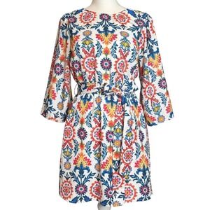 AURA Medallion Mini Dress M White Multicolor Boho Tassel Sleeve Tie Waist Summer